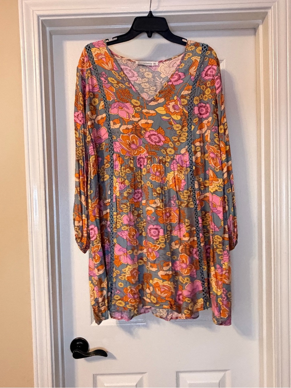Long Sleeve Floral V-Neck Tunic Dress - Pink & Orange